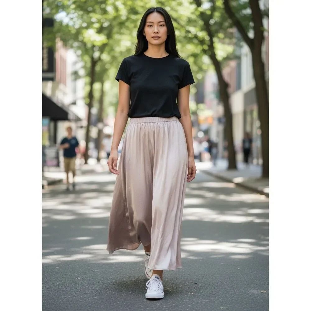 American Eagle Blush Pink Satin Maxi Skirt XS Elastic Waist